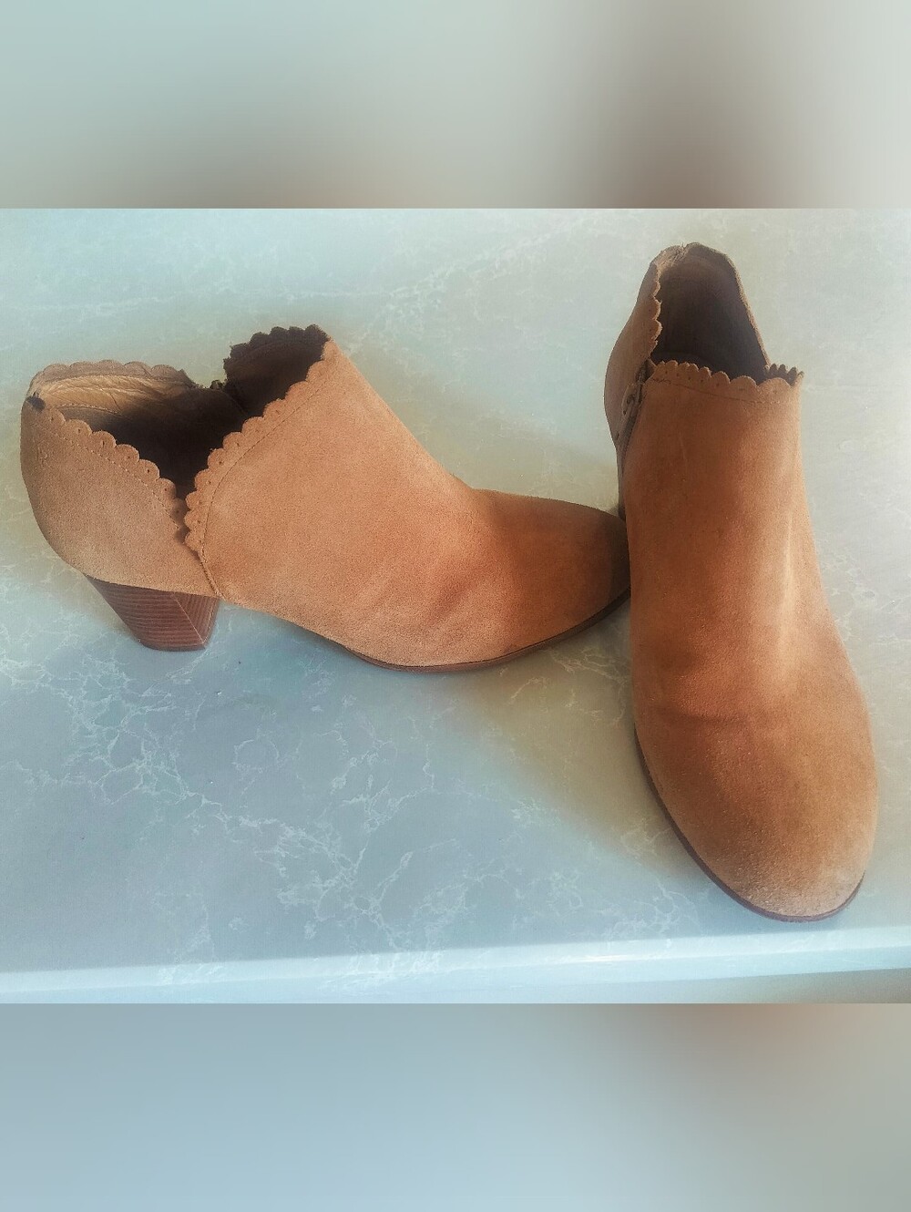 Jack Rogers Tan Suede Scallop-Trim Ankle Booties
